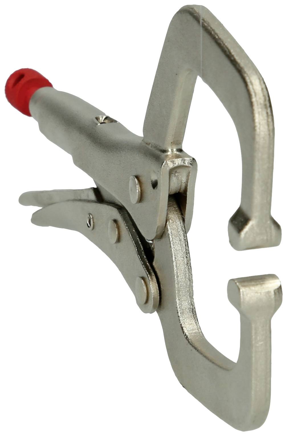 Metallklemmschelle mit rotem Griffende, geeignet zum festen Halten von Materialien bei Bau- oder Bastelarbeiten.