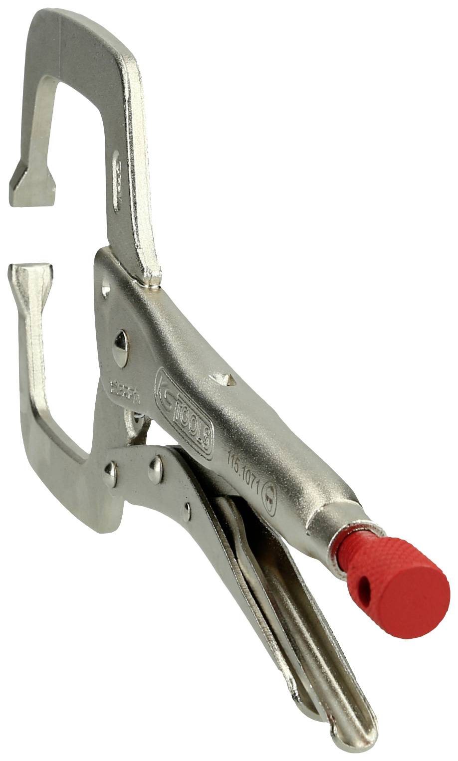 Metallzwinge mit rotem Griff, geöffnet. Verwendet für das Klemmen von Materialien bei Bau- oder Reparaturarbeiten.