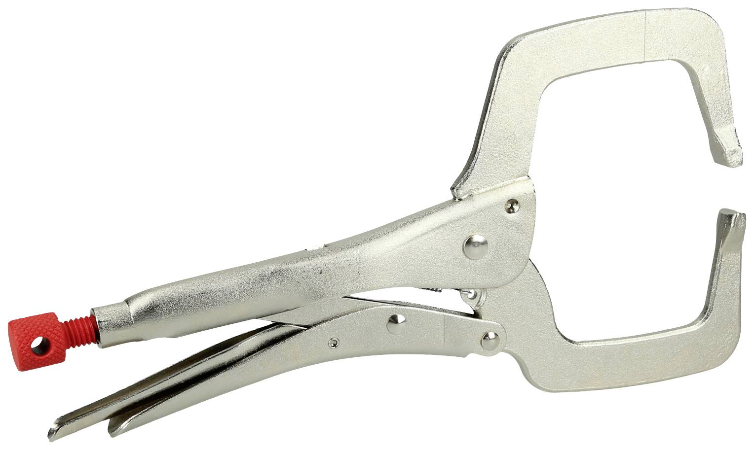 Metallische C-förmige Spannzange mit rotem Schraubmechanismus, dient zum Fixieren von Werkstücken bei handwerklichen Arbeiten.
