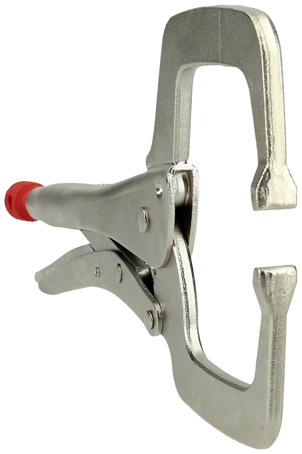 Eine Metallzwinge mit einem C-förmigen Rahmen und einem roten Griff, verwendet zum Halten von Materialien beim Arbeiten oder Zusammenbau.