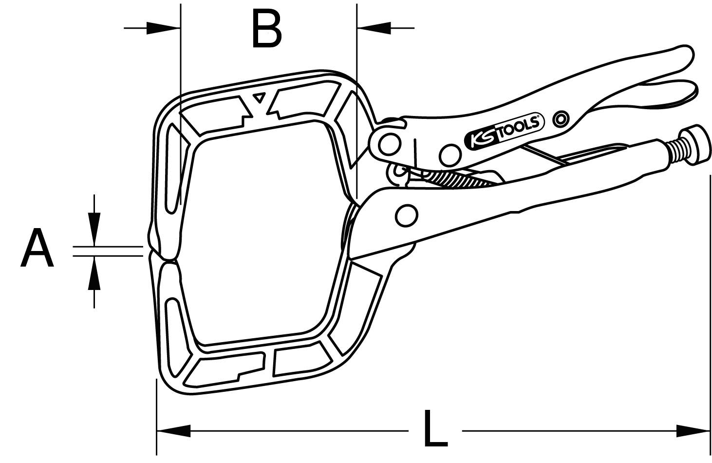 Schwarz-weiß Diagramm eines Werkzeugs mit der Aufschrift 'KS TOOLS'. Maße A, B, L sind angegeben. Hauptbestandteil ist eine Zange.