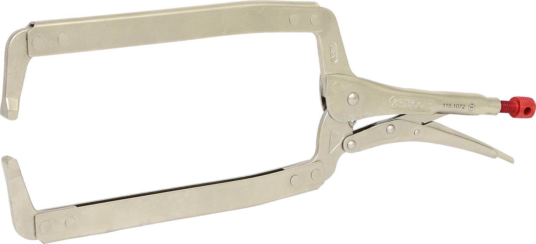 Eine silberne Spannzange mit rotem Rändelkopf, geöffnet für den Einsatz. Sie besteht aus robustem Metall und eignet sich zum Klemmen.