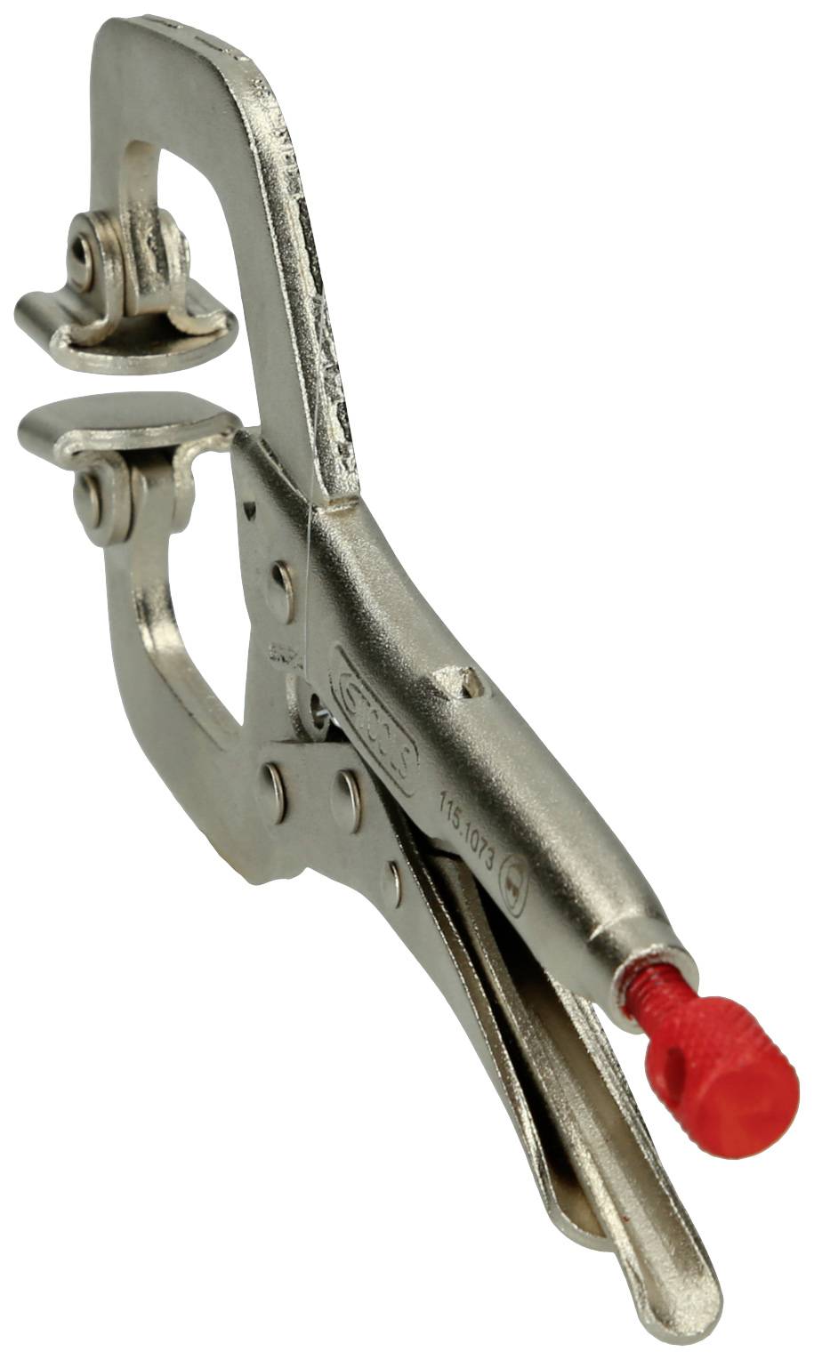 Metall-Klemmschraubzwinge mit rotem Griff. Geeignet zum stabilen Fixieren von Werkstücken.