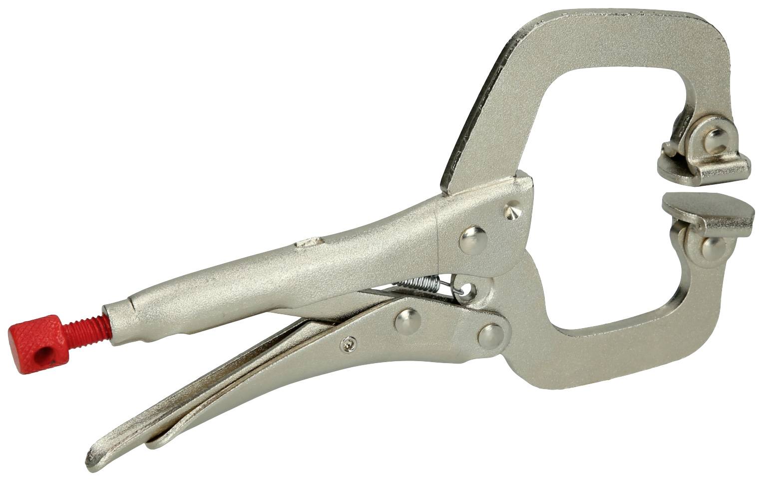 Eine C-Klemmenzange aus Metall mit verstellbaren Griffen und rotem Schraubenkopf, die zum Fixieren von Werkstücken dient.