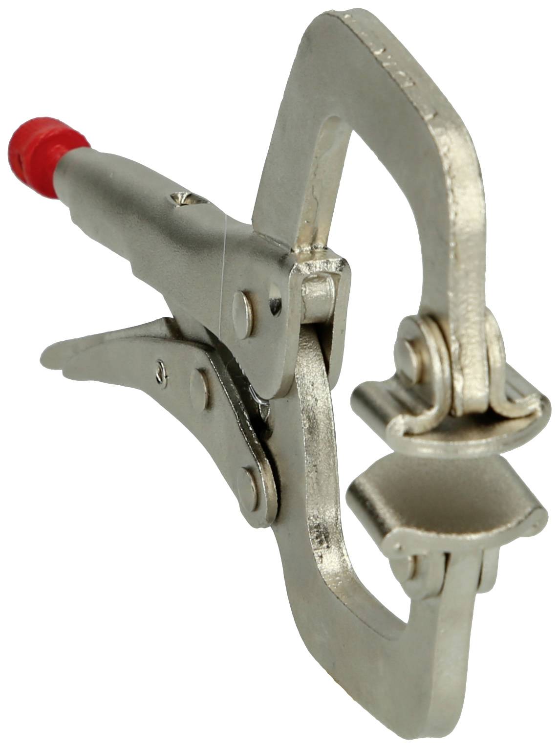 Metallisches Klemmenwerkzeug mit Federmechanismus, rotem Kunststoffende und Greifbacken, geeignet zum Sichern von Werkstücken.