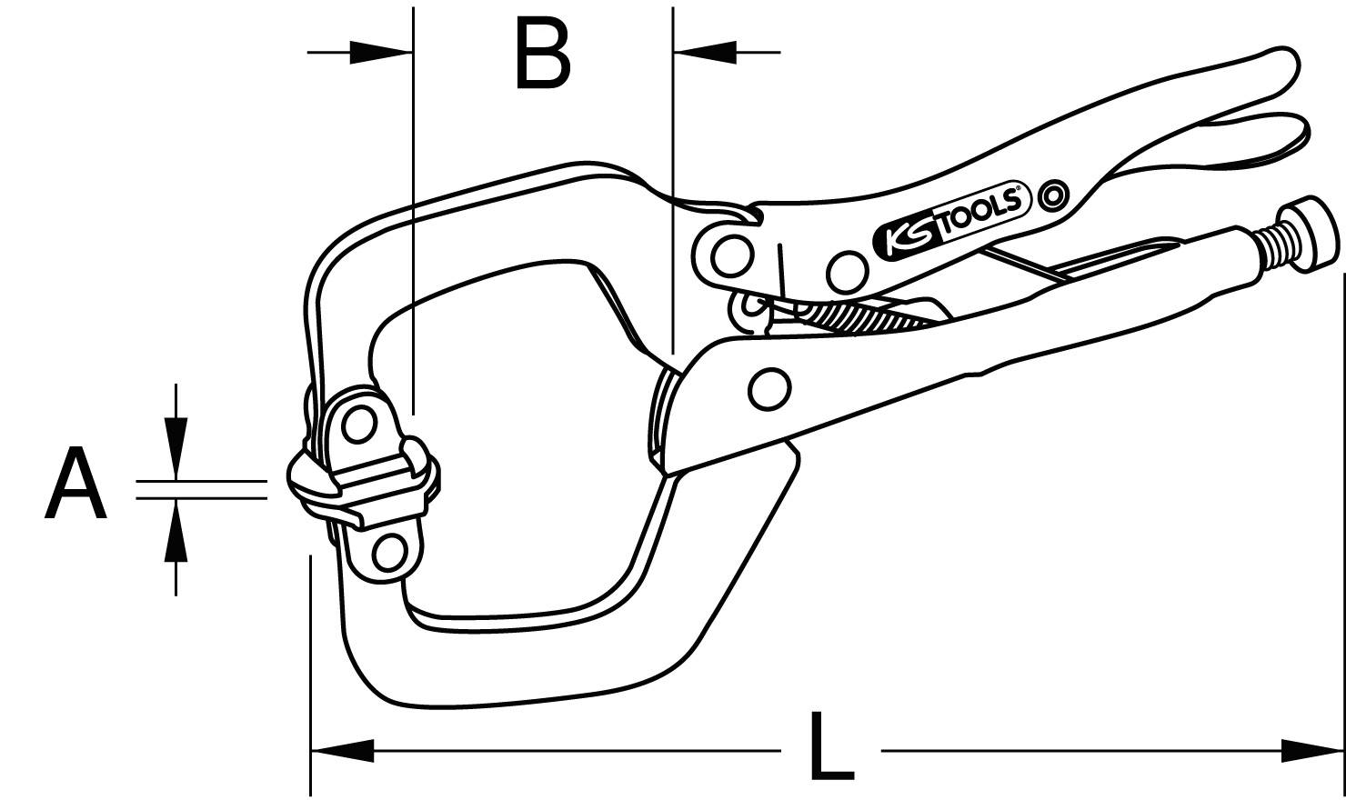 Schema einer Greifzange, zeigt Dimensionen: 'A' für Abstand, 'B' für Breite und 'L' für Gesamtlänge. Markierung 'KS Tools'.