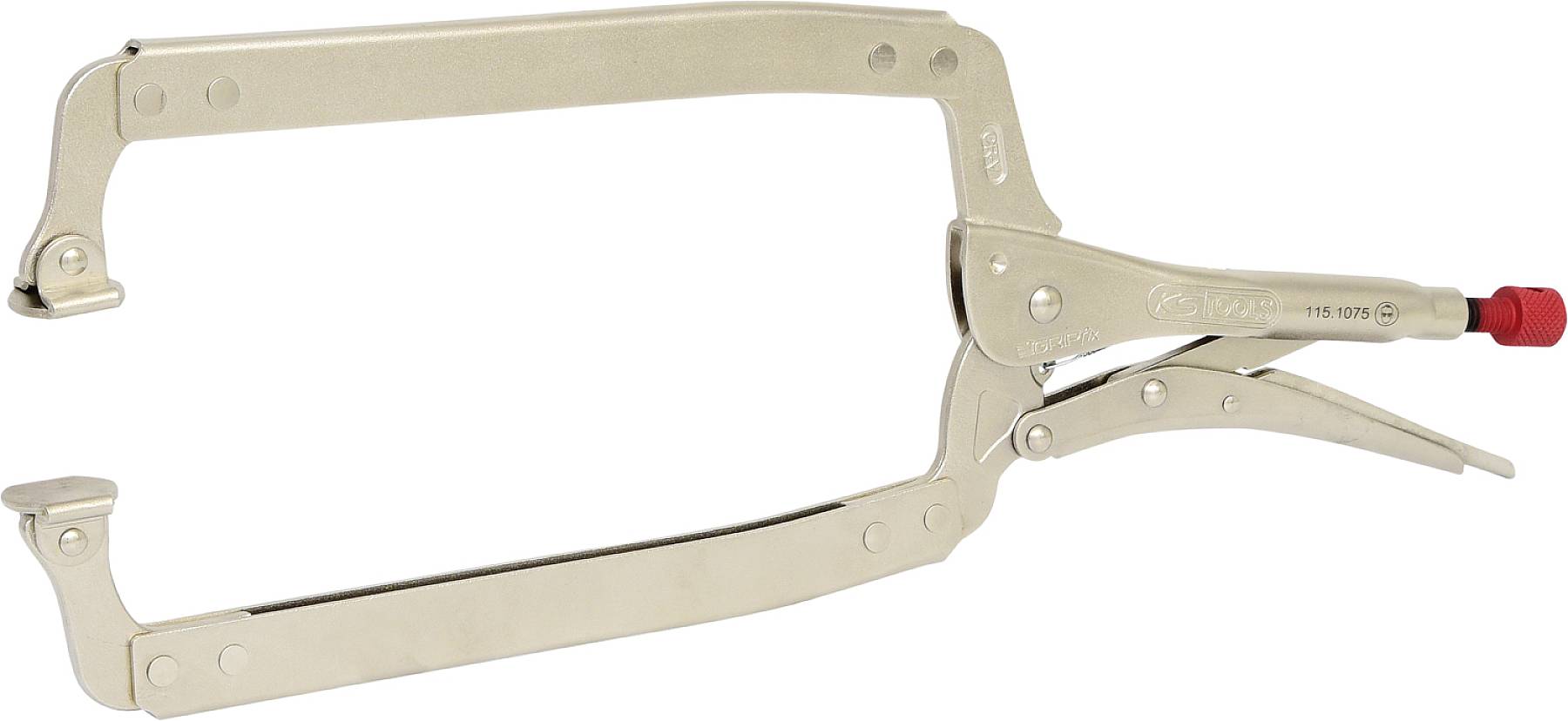 Metallische Greifzange mit Schraubmechanismus, geeignet zum Festhalten von Objekten. Ideal für Heimwerkerarbeiten.