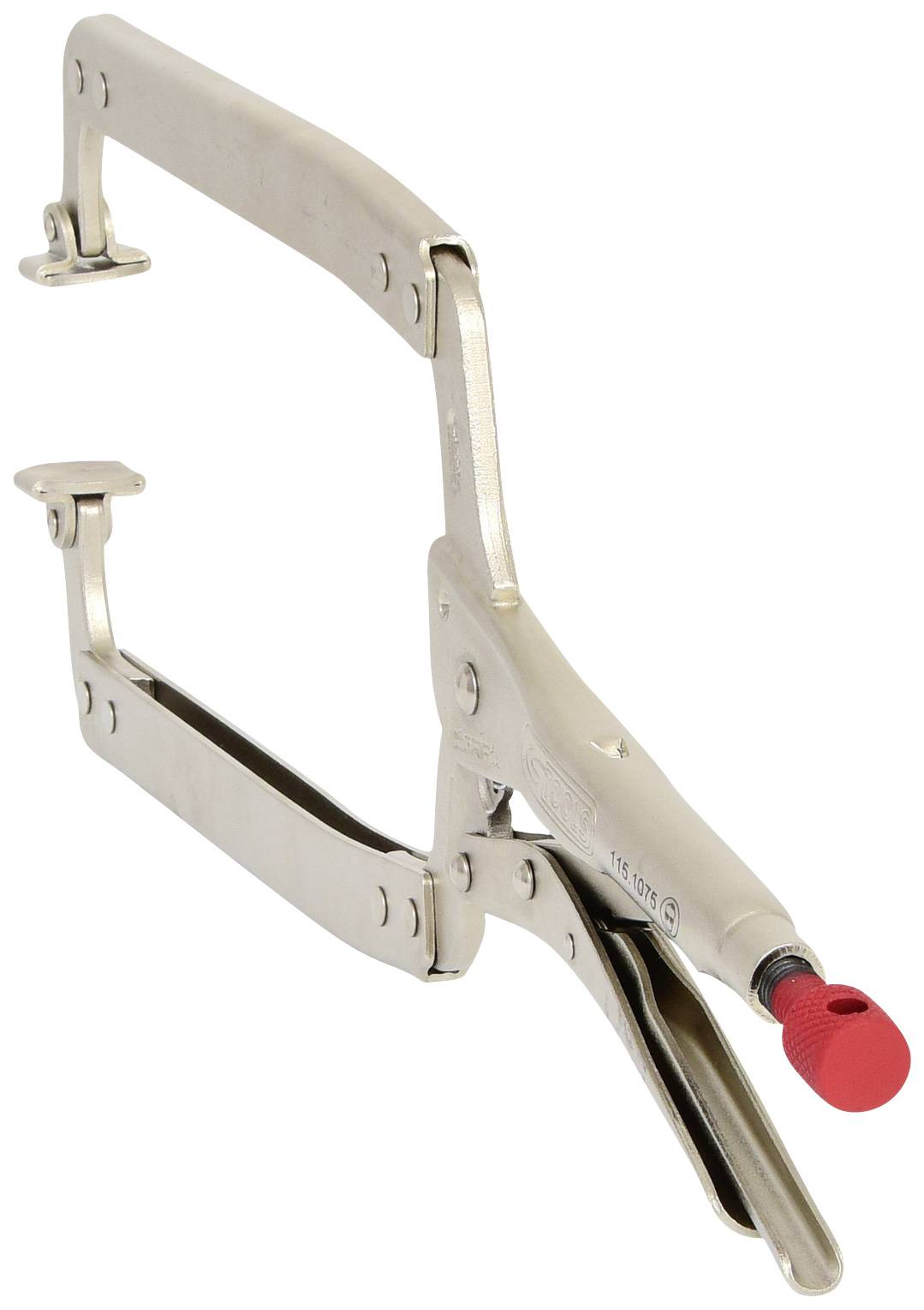 Eine verstellbare Metallschraubzwinge mit rotem Drehknopf, speziell für Ecken und Kanten. Ideal zum Fixieren und Stabilisieren von Werkstücken.