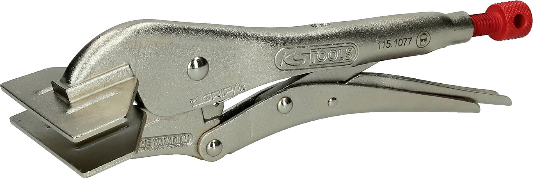 Metallzange mit rotem Griffversteller. Wird vermutlich zum Klemmen oder Halten von Gegenständen verwendet.