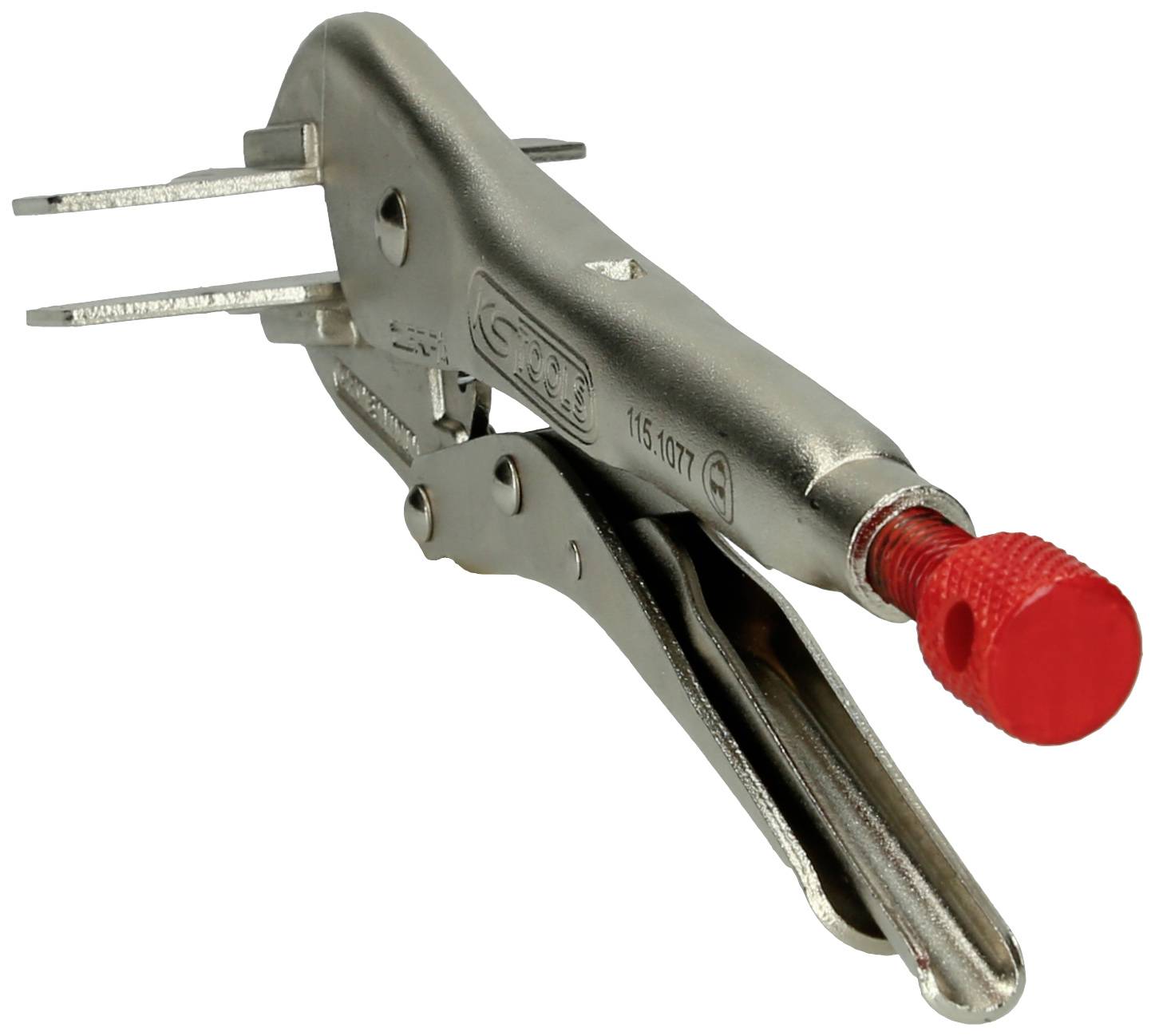 Gripzange aus Metall mit rotem Feststellknopf. Verwendet zum Halten oder Fixieren von Gegenständen. Robust und verstellbar.