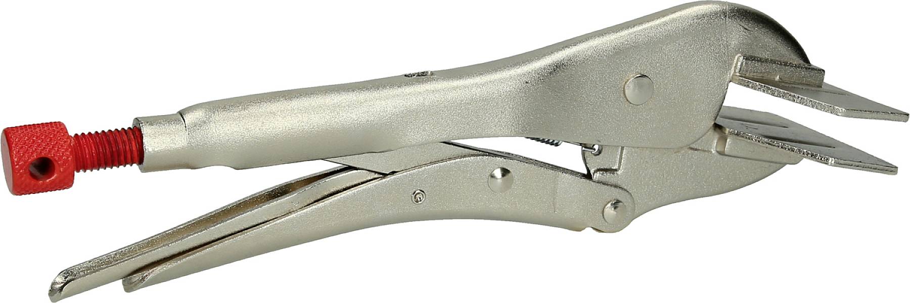 Eine Metallzange mit rotem Schraubklemmgriff, verwendet zum Fixieren von Objekten.