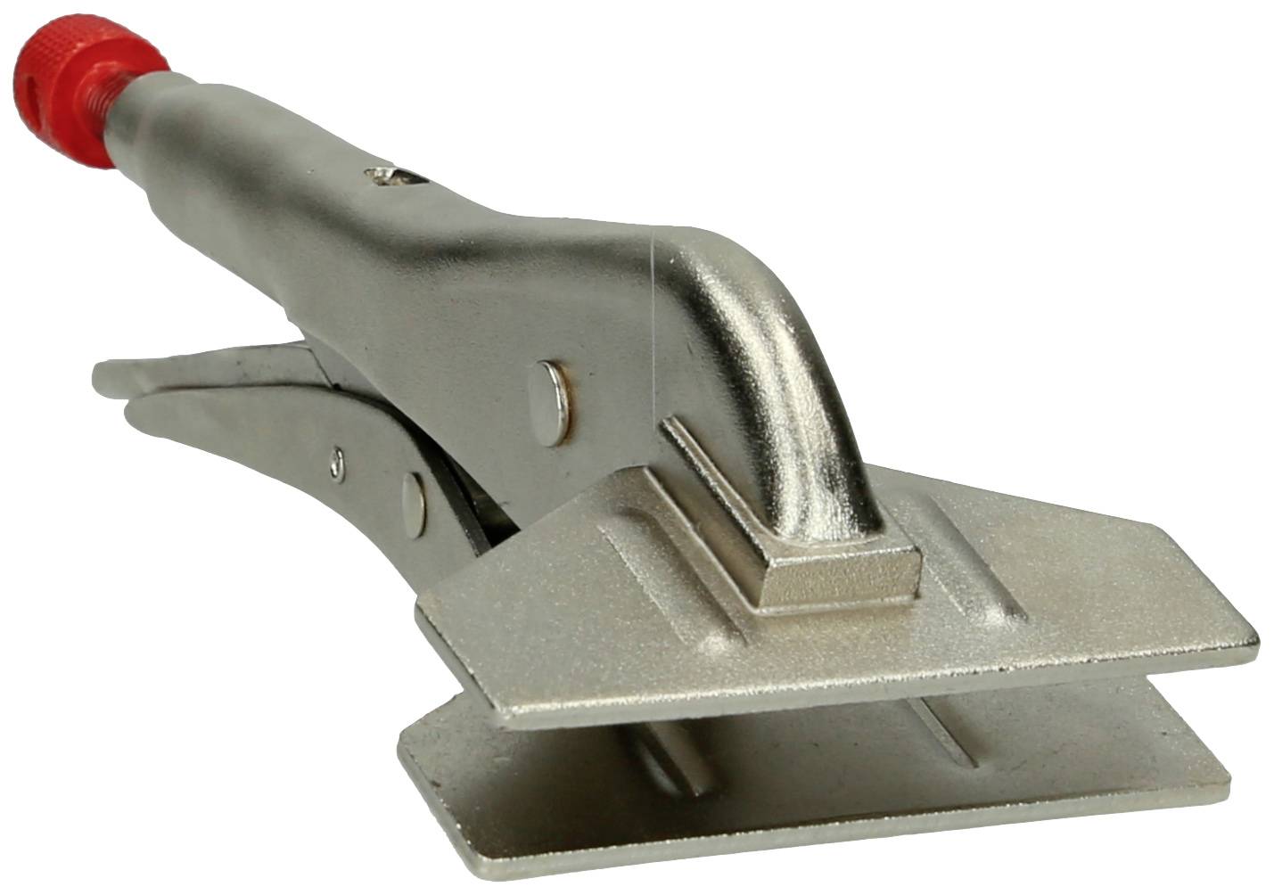 Metallklemme mit Flügelgriff, geeignet für das Fixieren von Blechen oder ähnlichen Materialien, silberfarben mit roter Spitze.