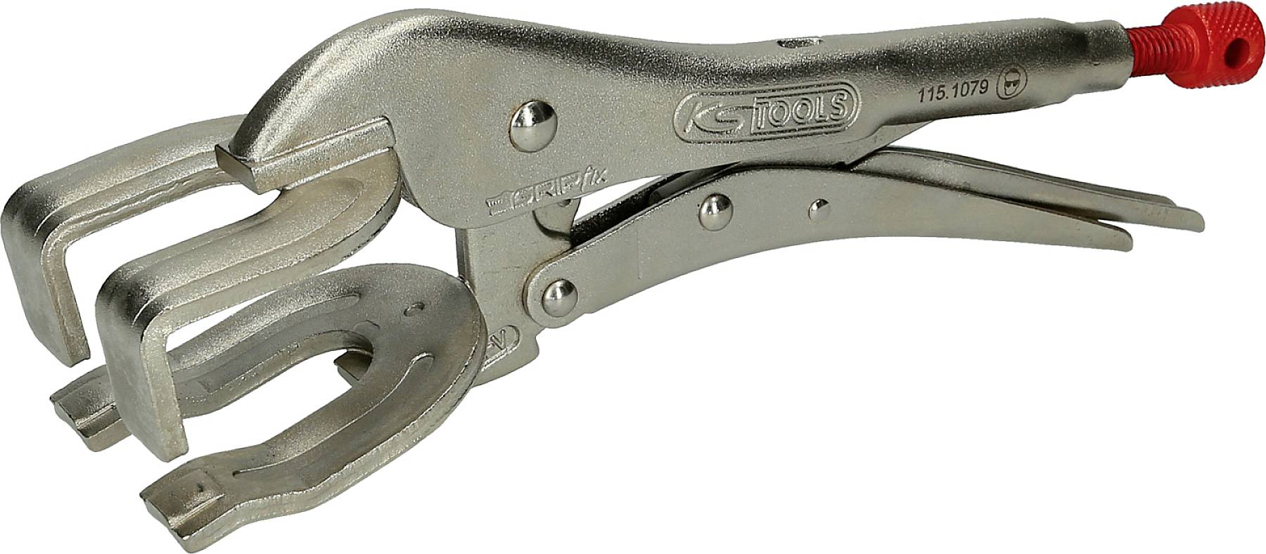 Metallische Klemmzange mit drei Backen, roter Einstellschraube und Hebelgriff. Wird oft zum Halten oder Klemmen von Objekten verwendet.