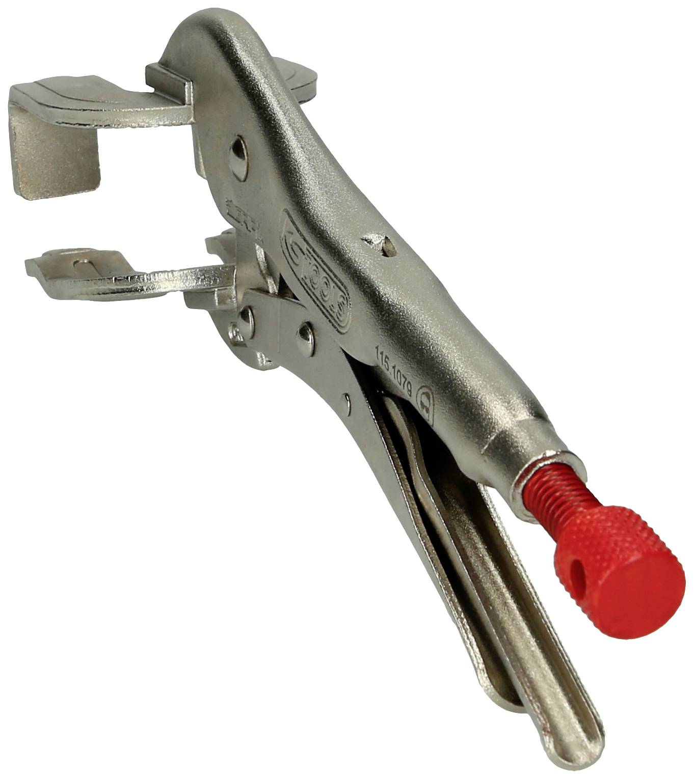Metallzange mit rotem Griff zum Festhalten von Objekten. Sie hat eine verstellbare Schraubvorrichtung zur Anpassung des Drucks.