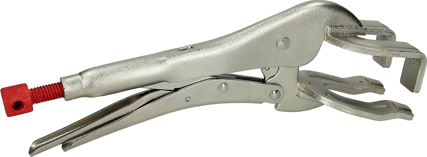 Eine silberne Feststellzange mit rotem Ende. Das Werkzeug ist geöffnet und zeigt seinen Greifmechanismus.