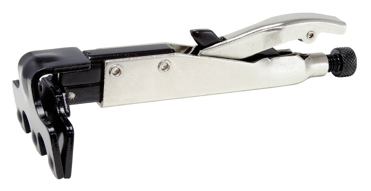 Ein silbernes und schwarzes Schnellspannwerkzeug, vermutlich für mechanische Anwendungen, liegt auf weißem Hintergrund.
