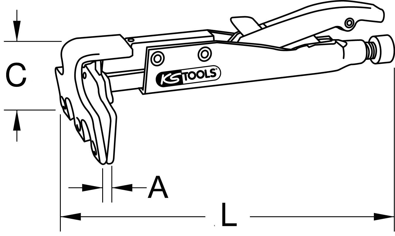 Zeichnung einer Schraubenzange mit den Maßen A, C und L. Die Zange trägt das Logo 'KS TOOLS'.