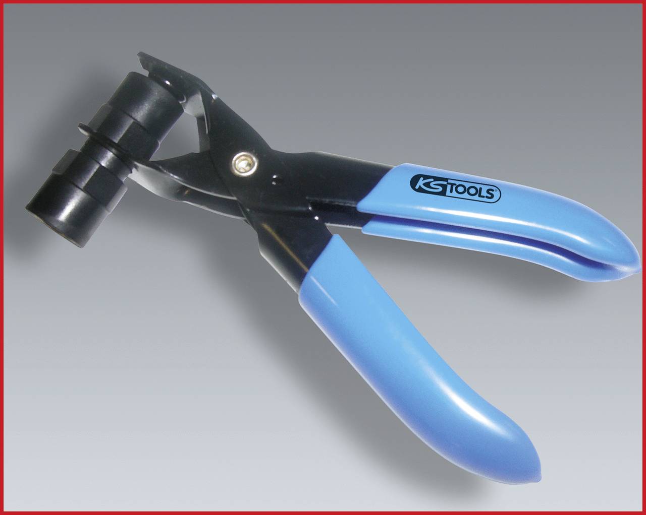 Spezialzange mit blauen Griffen und schwarzem Kopf, zum Halten oder Manipulieren technischer Geräte, markiert mit 'KS Tools'.