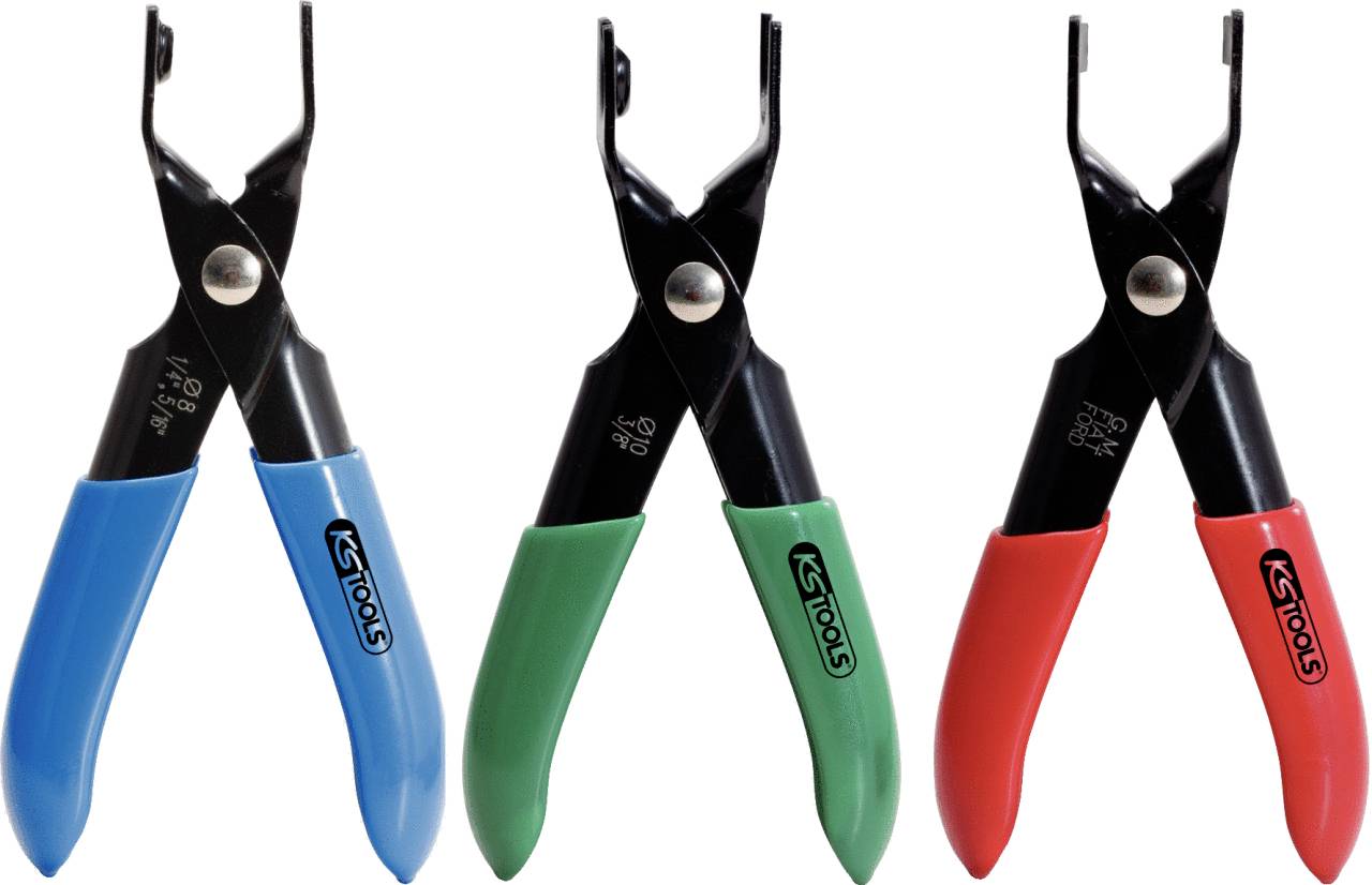 Drei Zangen mit blauen, grünen und roten Griffen, angeordnet nebeneinander.