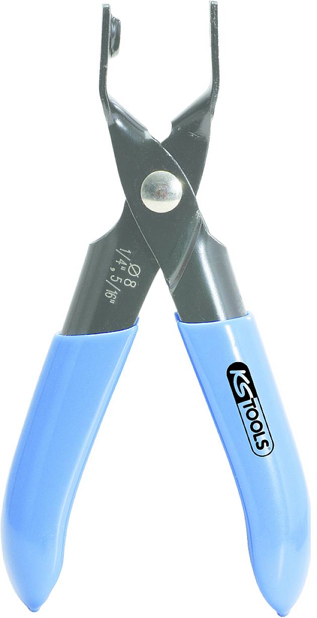 Eine blaue Handzange mit schwarzer Klinge und silbernem Schraubgelenk, auf dem Griff steht 'KS Tools'.