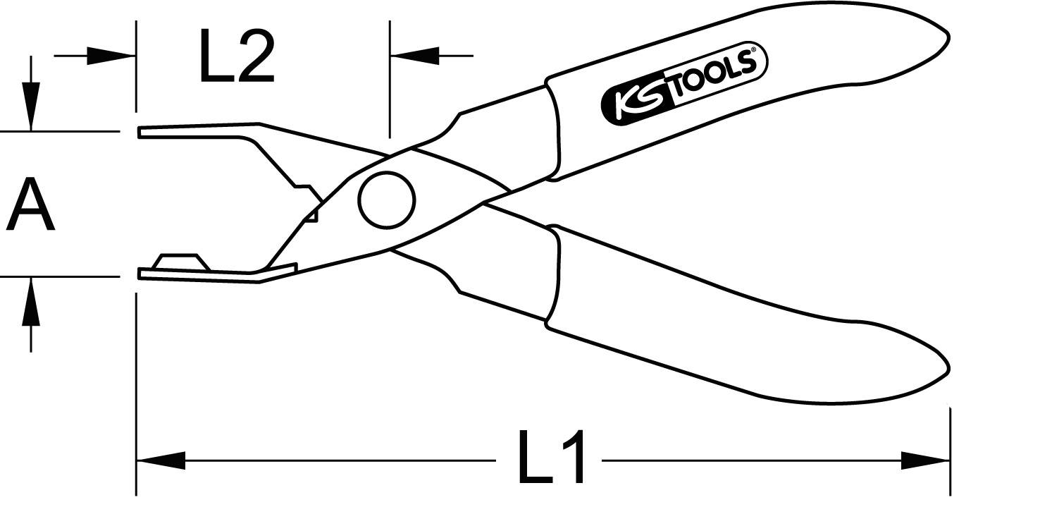 Abbildung einer Zange mit den Maßen L1 und L2, sowie A. Die Zange hat einen gebogenen Griff und ist mit 'KS Tools' beschriftet.