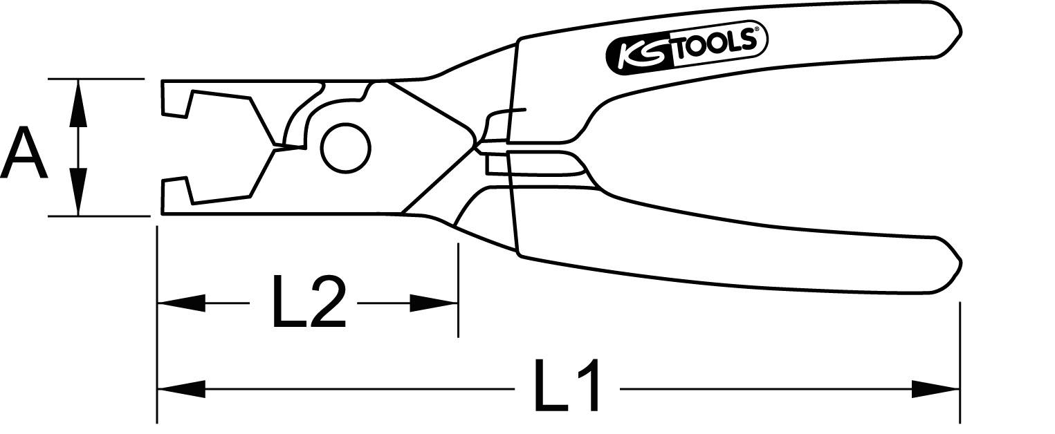 Technische Zeichnung einer speziellen Zange mit Markierung der Längen A, L1 und L2. Die Zange ist mit 'KS Tools' beschriftet.