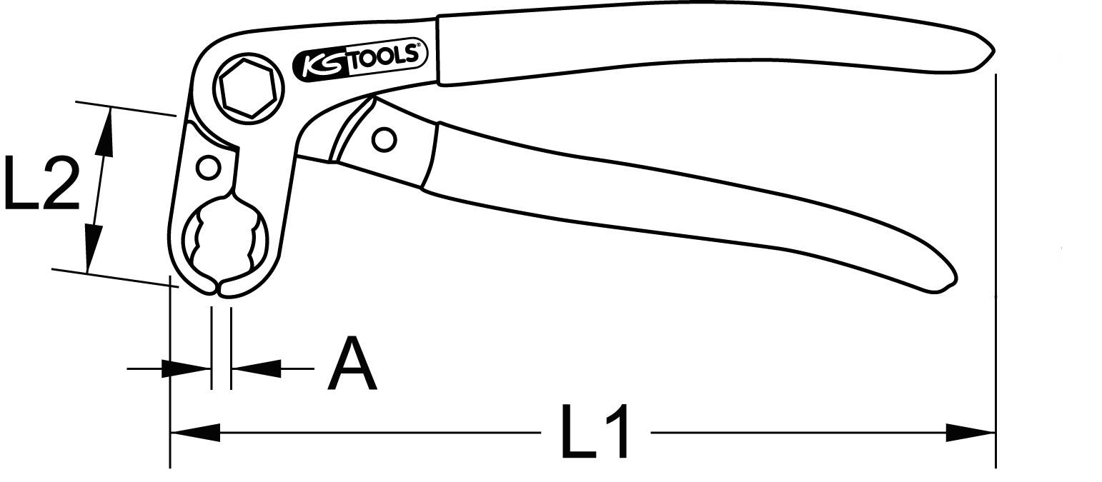 Abbildung einer Zange von KS Tools mit technischer Zeichnung, die die Maße L1, L2 und A zeigt.
