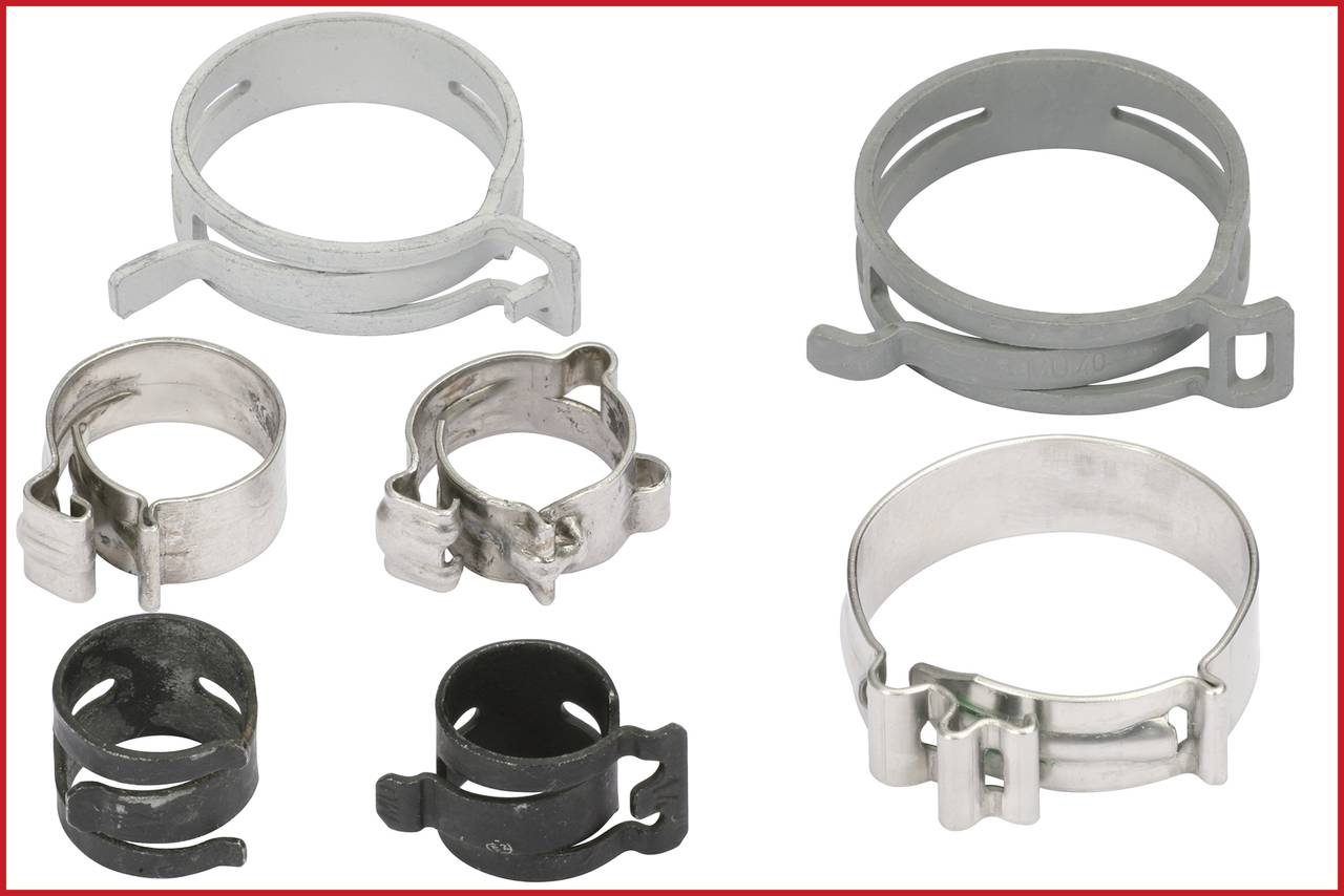 Mehrere Metallschlauchschellen unterschiedlicher Größe und Form auf weißem Hintergrund, dargestellt in zwei Gruppen.