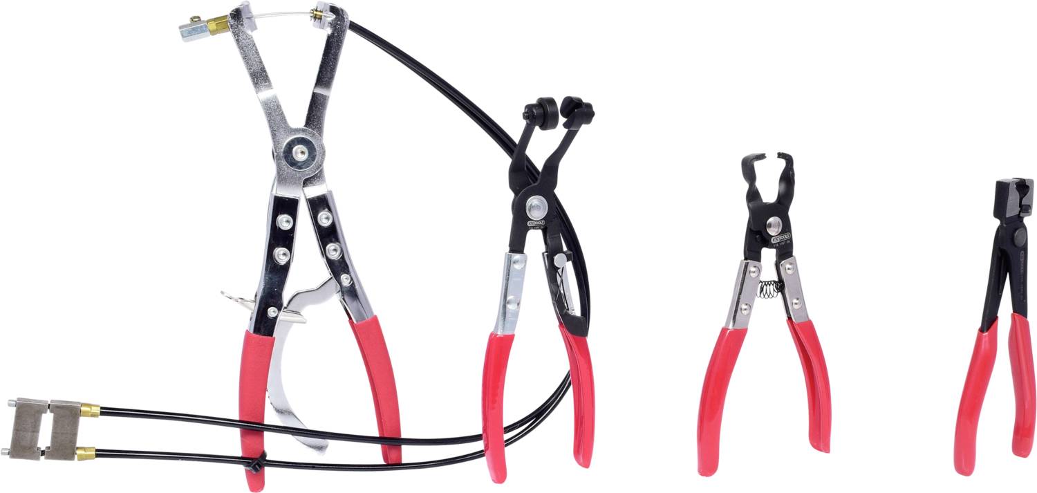 Vier Zangen mit roten Griffen in verschiedenen Größen sind nebeneinander auf weißem Hintergrund angeordnet.