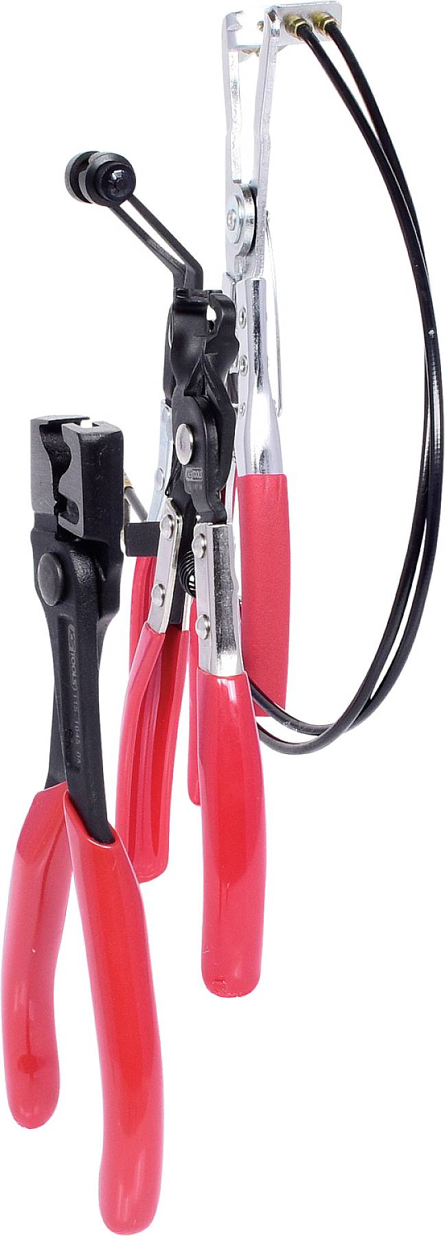 Zwei rote Klemmzangen mit schwarzen Kabeln und Hebel.