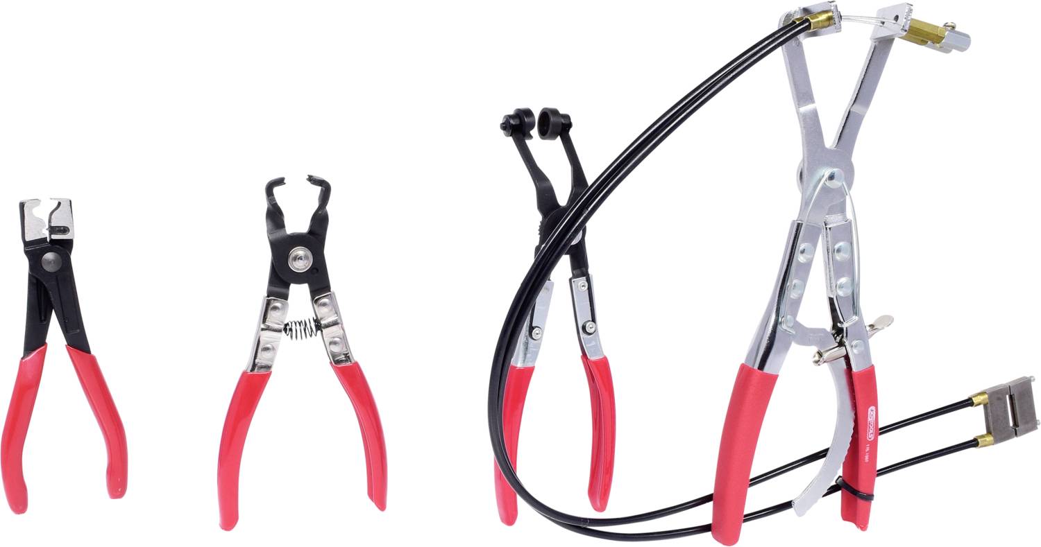 Vier verschiedene Zangen mit roten Griffen, darunter eine lange Zange mit Kabeln, nebeneinander auf weißem Hintergrund.