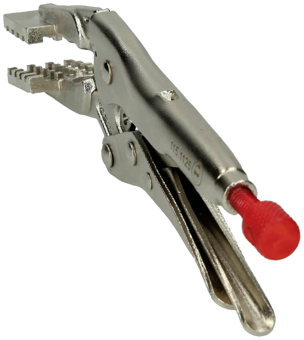 Metallzwinge mit roter Kunststoffspitze, geöffnet und bereit zum Fixieren von Objekten. Geeignet für Werkstattarbeiten.