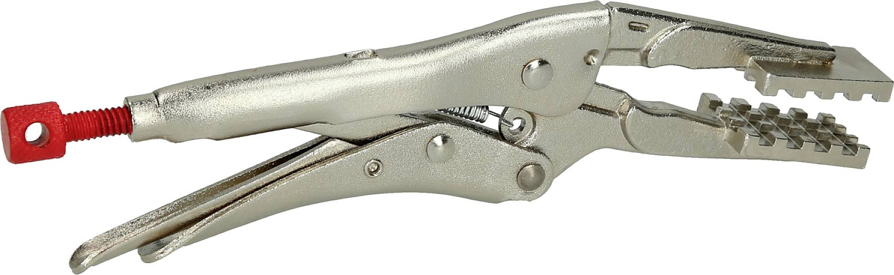 Eine silberne Metallzange mit einem roten Schraubmechanismus an einem Ende und Greifflächen mit gezahnten Backen.