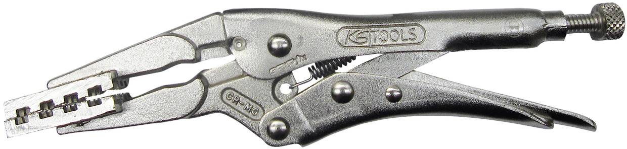 Metallzange mit Schraubmechanismus und gezacktem Griff, verwendet für sicheren Halt kleiner Gegenstände bei handwerklichen Arbeiten.