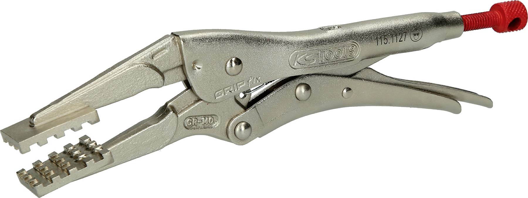 Gebogene, silberfarbene Greifzange mit verstellbarem Griff und gezackten Greifflächen, zur Feststellung oder zum Lösen von Objekten.