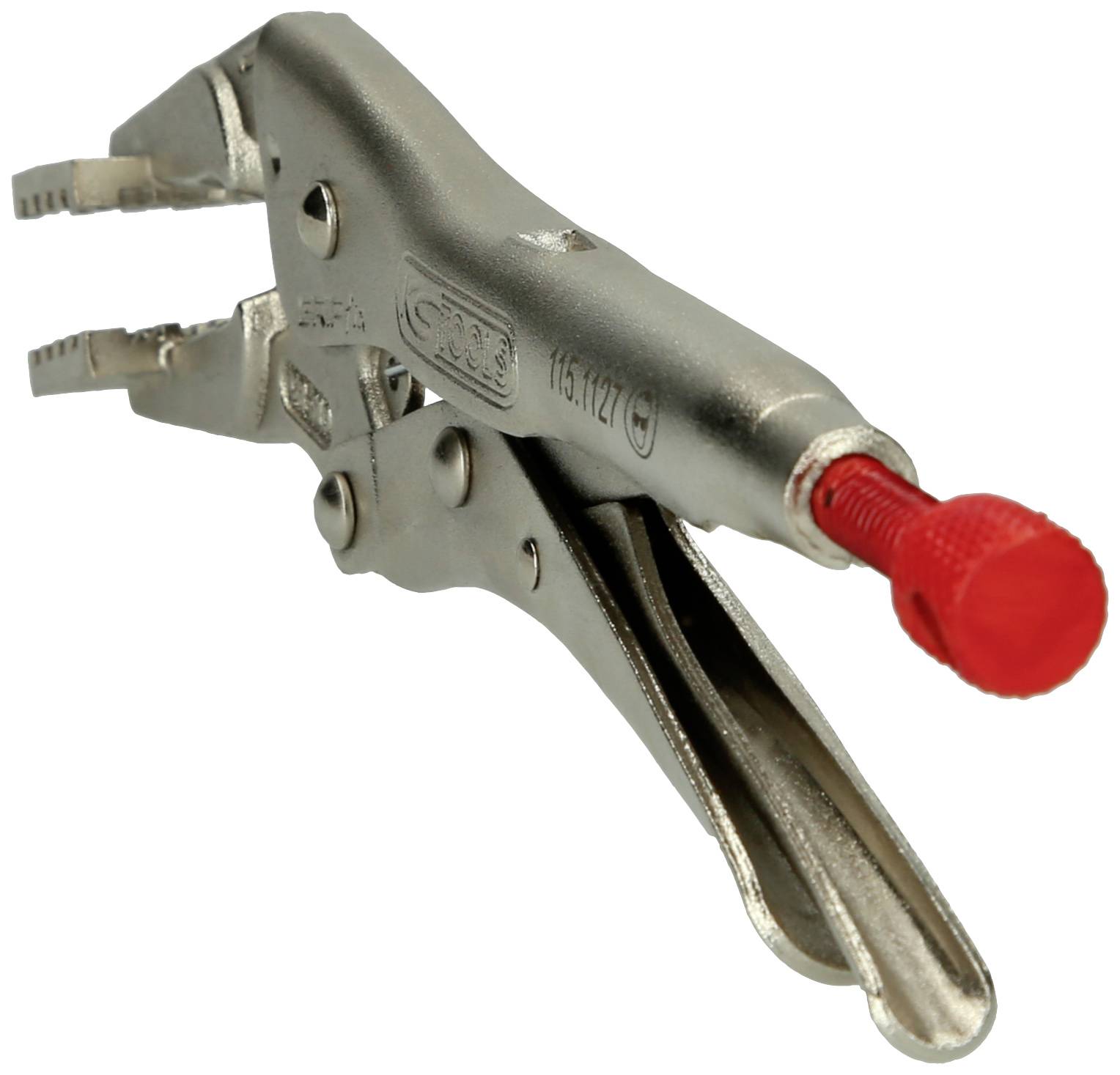 Eine silberne Feststellzange mit rotem Schraubknopf, offen positioniert. Werkzeug zur Fixierung von Objekten.