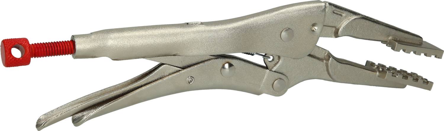 Metallische Feststellzange mit roten Griffschrauben, dient zum Fixieren von Bauteilen in Handwerksarbeiten.