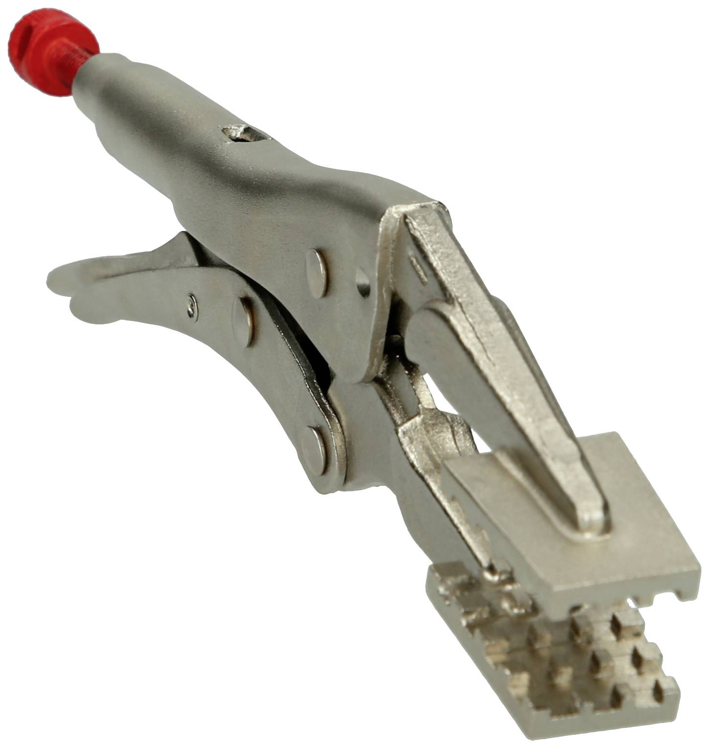 Metallzange mit rotem Griff, passend zum Prägen von Metalloberflächen.