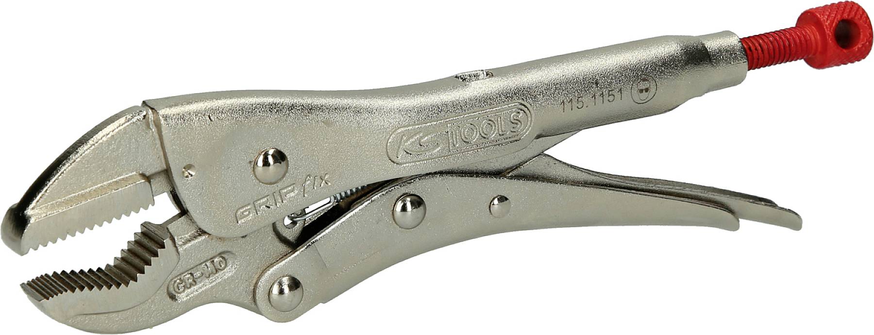 Silberne Feststellzange mit roter Schraube für präzises Greifen und Halten von Werkstücken, geeignet für verschiedene Handwerksarbeiten.