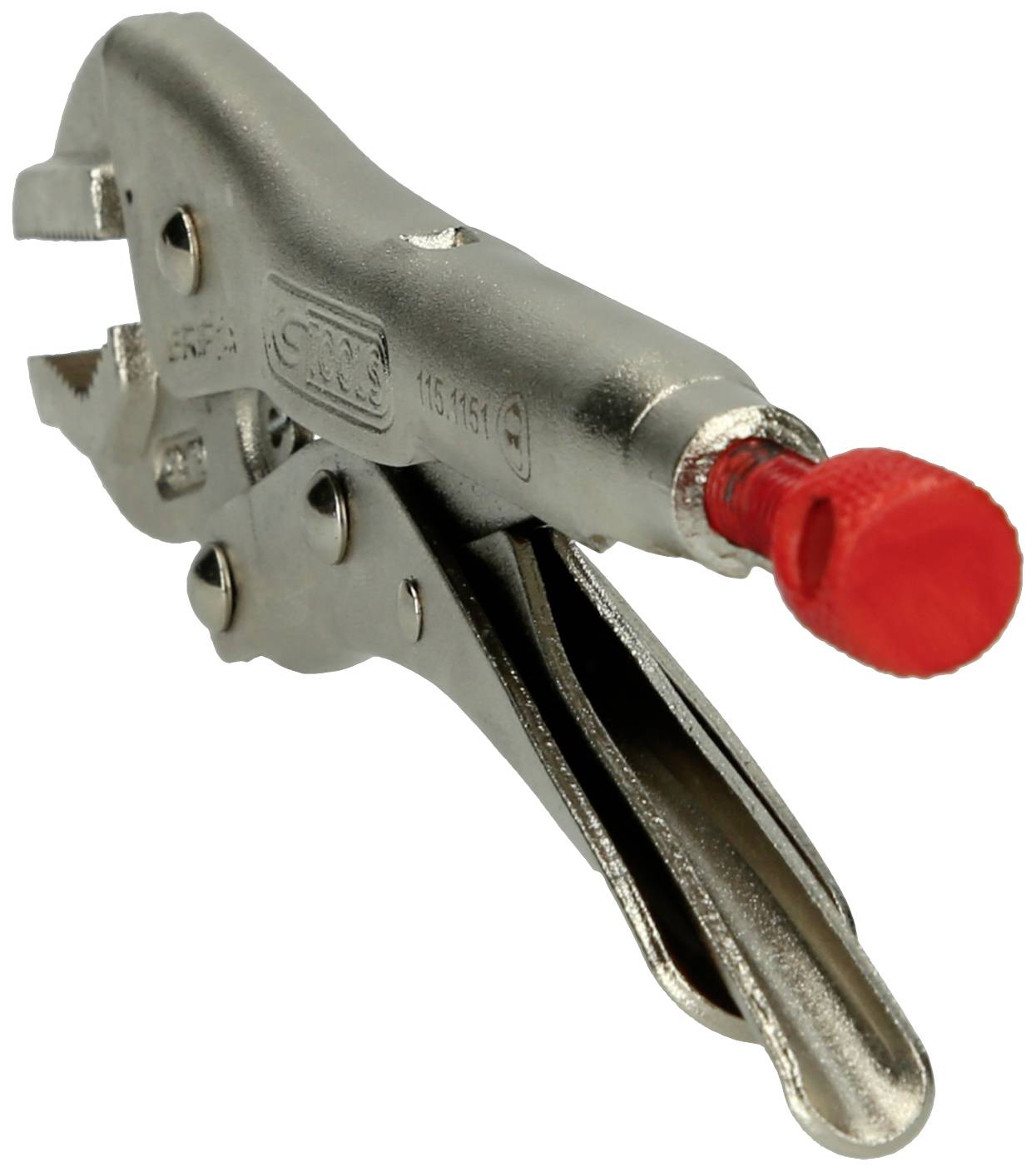 Metallzange mit einstellbarer Spannweite, silberfarben, mit rotem Kunststoffschutz am Griffende. Geeignet zum Festhalten oder Fixieren von Materialien.