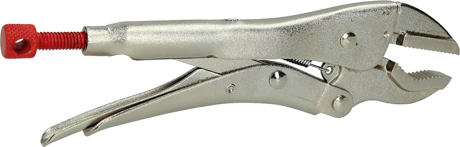Metall-Zangenschlüssel mit rotem Schraubmechanismus, geöffnet und bereit zur Verwendung.