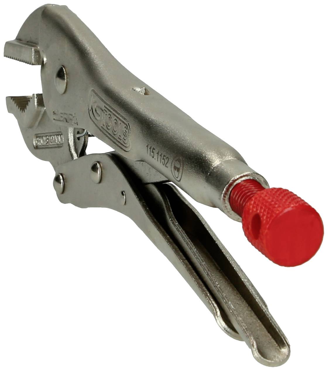 Metallzange mit rotem Griff; dient zum Festhalten von Objekten.