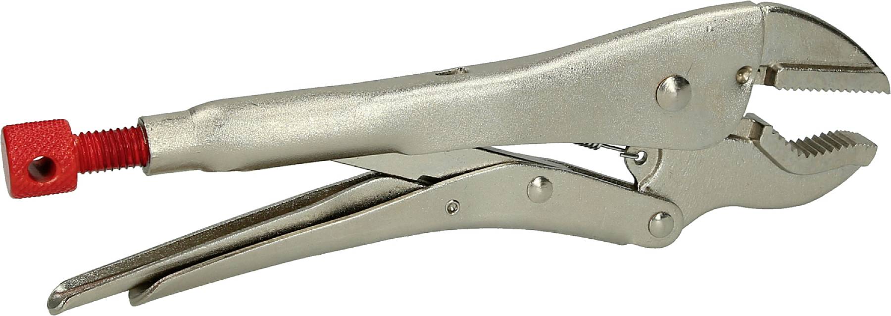 Metallschraubzwinge mit rotem Drehknopf, zum Fixieren von Materialien. Sie besitzt gezahnte Backen für festen Halt und Hebelmechanismus.