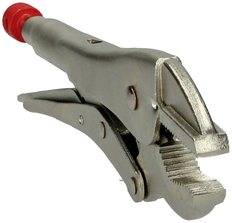 Eine silberne Rohrzange mit rot gefärbtem Griffende. Sie hat gezackte Backen zum Greifen und Festhalten von Objekten.