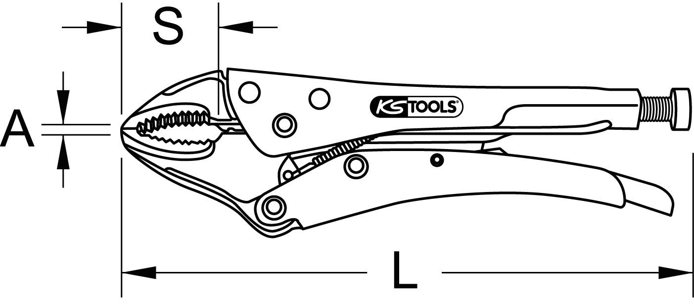 Eine abgebildete Greifzange von KS Tools mit Längenmaßen 'A', 'S' und 'L' in einer technischen Zeichnung, die Hauptteile und Funktionen zeigt.