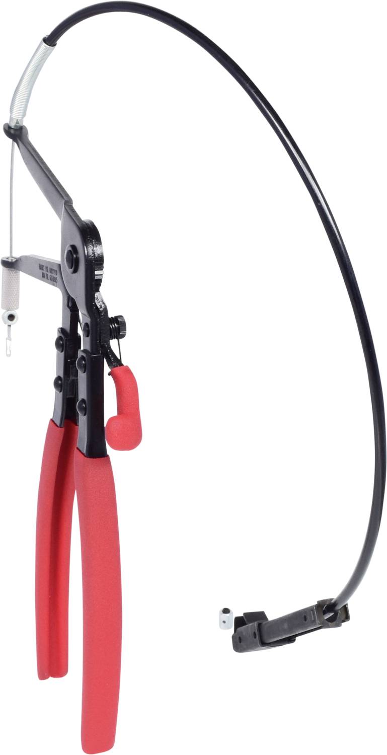 Eine Zange mit langem flexiblem Kabel und roten Griffen, verwendet zur einfachen Entfernung von schwer erreichbaren Klemmen.