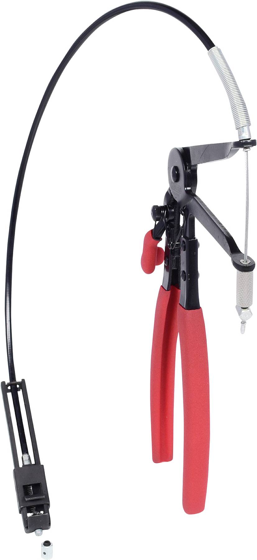 Zange mit flexiblem Kabel und roten Griffen, verwendet zum Öffnen von Schlauchschellen in schwer zugänglichen Bereichen.