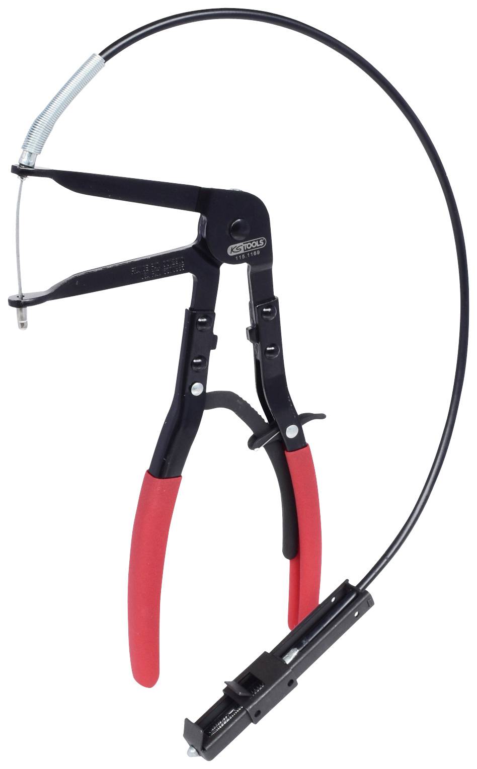 Schlauchschellenzange mit rotem Griff und flexiblem Kabel, zum Lösen und Befestigen von Schlauchschellen an schwer zugänglichen Stellen.