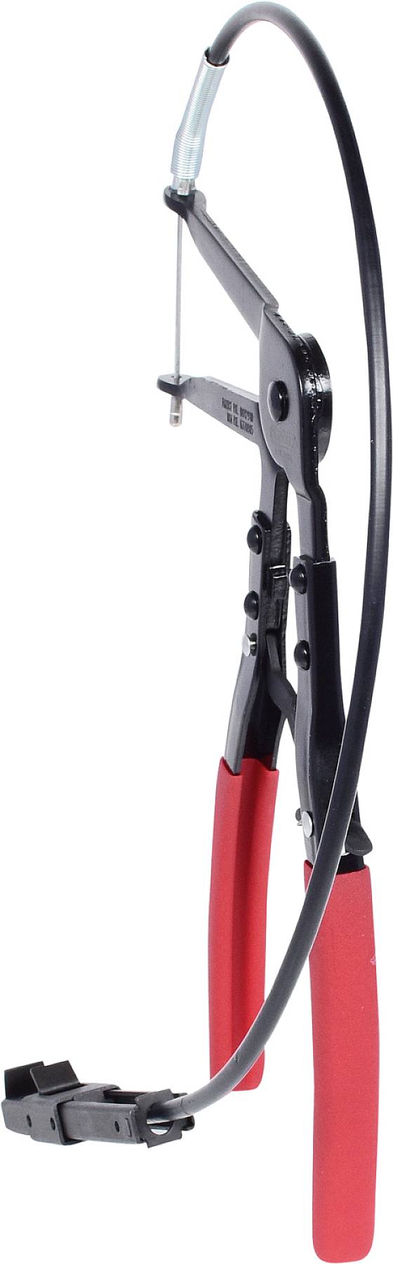 Schlauchklemmenzange mit rotem Griff und flexiblem Kabel zum einfachen Entfernen von Schlauchklemmen an schwer zugänglichen Stellen.