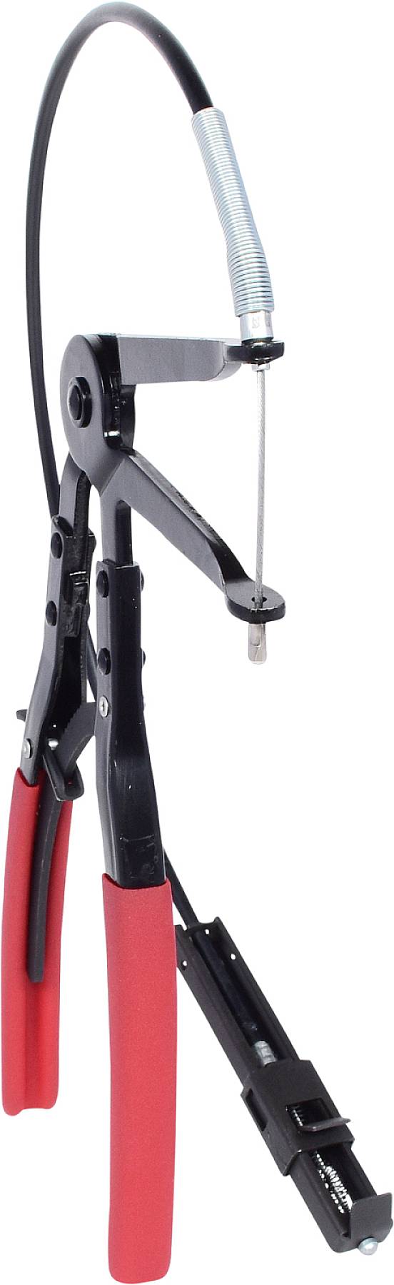 Zange mit rotem Griff und flexiblem Kabel. Geeignet für die Installation und Demontage von Federbandschellen in Autos.